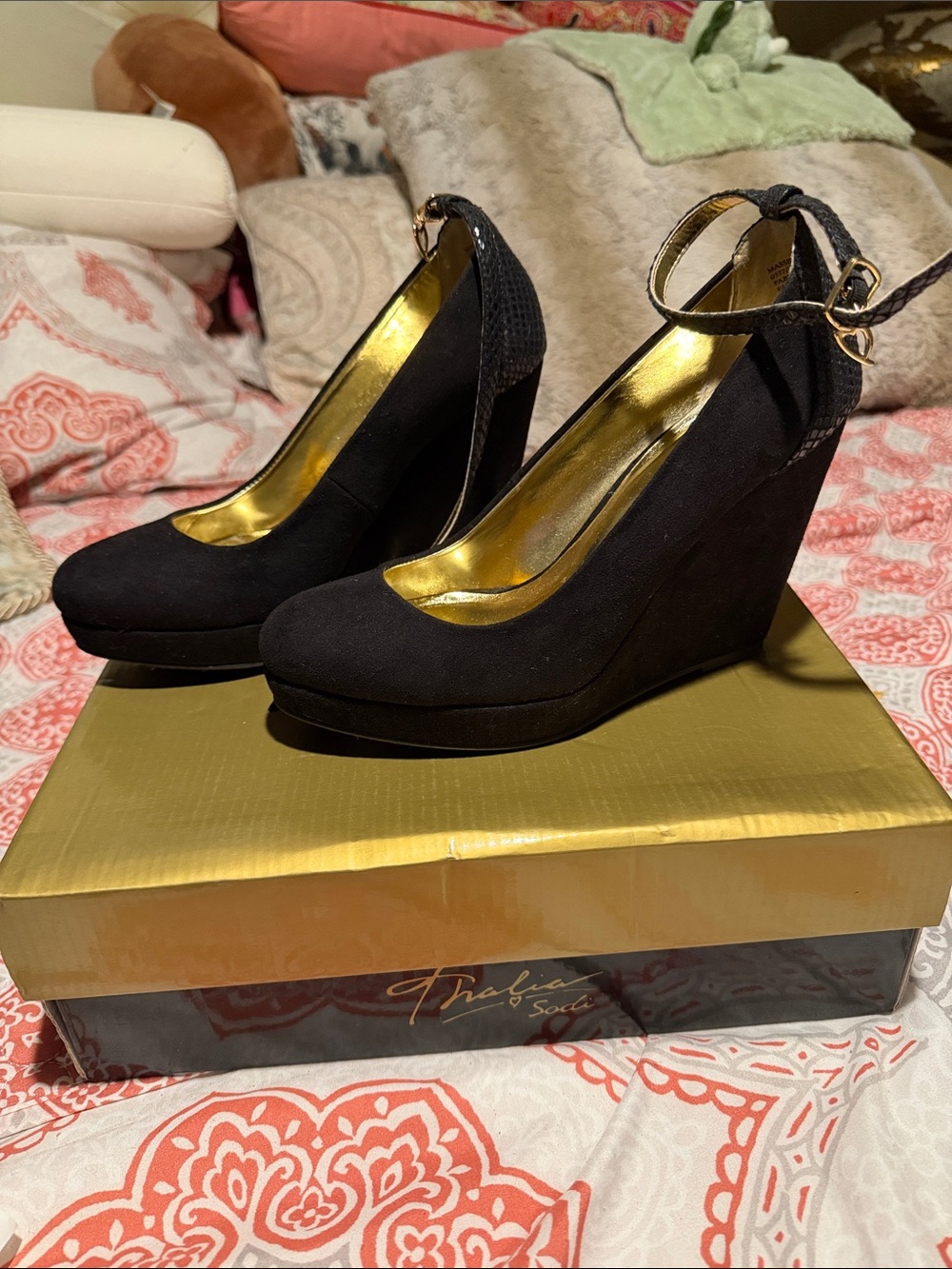 Thalia Sodi Black Wedge Pumps with Gold Interior and Ankle Strap